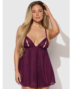 Yasmine Shimmer Mesh O-Ring Slit Cup Babydoll & G-String Set - Burgundy SM