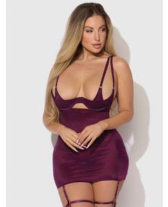 Yasmine Shimmer Mesh O-Ring Thigh Garter Chemise & G-String Set - Burgundy 1X/2X