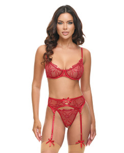 Mariah Embroidered Lace and Mesh Underwire Bra w/Garter & G-String 3 pc Set - Burgundy XL