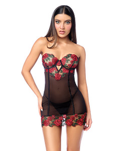 Untamed Floral Embroidered Underwire Babydoll w/Back Lace Up Detail & G-String - Black/Red MD