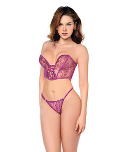 Mesh Bustier & G-String w/Adjustable Sides 2 pc Set - Pink L/XL