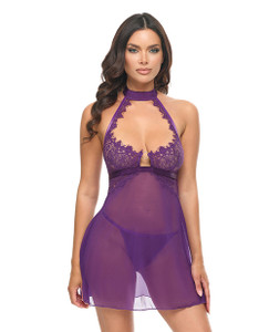 Kennedy Lace and Mesh Babydoll w/G-String 2 pc Set - Purple MD