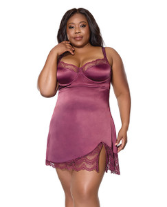 Scallop Lace Trimmed Stretch Satin Chemise w/Underwire Cups - Mauve Plum 3X/4X