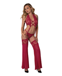 Black Cherry Plunge Top w/Removable Chaps & Cheeky Panty Set - Red L/XL