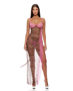 Animal Instincts Mesh Nightgown & Panty - Pink Leopard XL