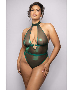 Emerald Shimmer Mesh Halter Teddy w/Open Back - Green 3X/4X