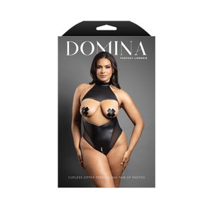 Fantasy Lingerie Domina Cupless High-Neck Halter Teddy with Zipper Detail & Pasties Black Queen Size