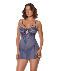 Twilight Fever Lace & Mesh Babydoll w/G-String - Navy MD