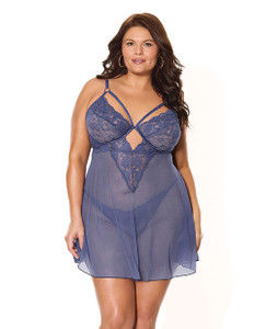Twilight Fever Lace & Mesh Babydoll w/G-String - Navy 3X/4X