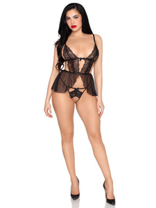 2 Pc Scalloped Lace and Mesh Babydoll and Matching Crotchless Panty - Medium - Black