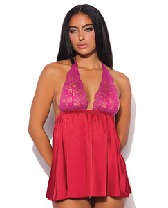 Jocelyn Lace & Satin Halter Mini Babydoll Dress w/Thong - Raspberry SM