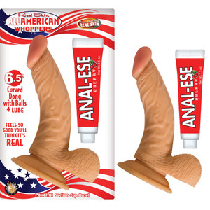 All American Whoppers 6.5" Curved Dong With Balls & Lube Flesh