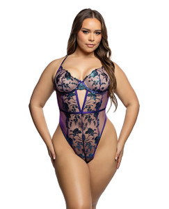 Electric Shimmer Metallic Two-Tone Floral Embroidered Lace & Satin Teddy - Violet 1X