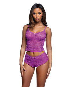 Lacy Lounger Floral Lace Camisole w/Matching Shorts - Fuchsia S/M