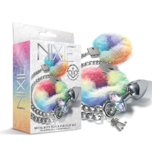 NIXIE Metal Butt Plug & Furry Handcuff Set Medium Unicorn