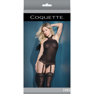 Coquette Sheer Halter Top With Attached Stockings Black One Size