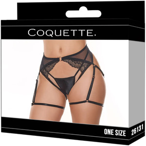 Coquette Crotchless Panty With Leg Garters Black One Size