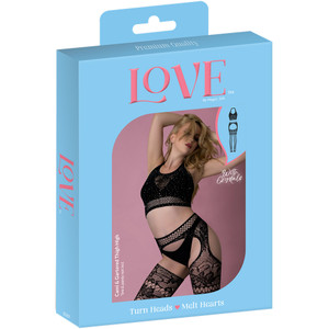 Love Rhinestone Crystal Cami & Gartered Thigh High Black One Size