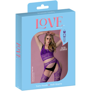 Love Rhinestone Crystal Cami & Gartered Thigh High Violet One Size