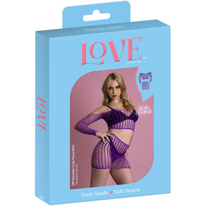 Love Rhinestone Crystal Off Shoulder Crop Top & Skirt Violet One Size