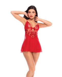 Sheer Mesh Babydoll w/Embroidered Cups & Thong - Red L/XL