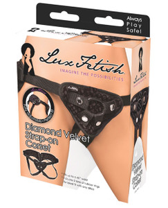 Lux Fetish Diamond Velvet Strap On Dildo Corset - Black