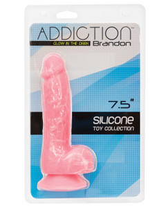 BMS Addiction Brandon 7.5" Glow In The Dark Suction Cup Dildo - Pink