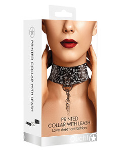 Shots Ouch Fetish Love Street Art Fashion Printed Collar With Leash - Black