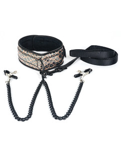 Spartacus Fetish Faux Leather Collar & Leash With Black Nipple Clamps - Gold