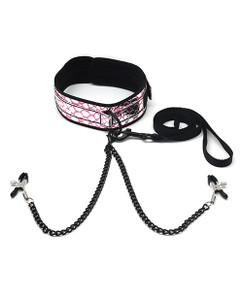 Spartacus Fetish Faux Leather Collar & Leash With Black Nipple Clamps - Pink