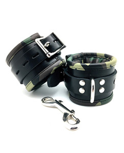 Sensual Sin Fetish Leather Padded Wrist Cuffs - Camo Piping Sensual Sin Fetish Leather Padded Wrist Cuffs - Camo Piping