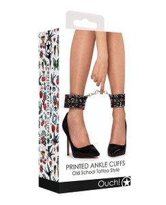 Shots Ouch Fetish Old School Tattoo Style Printed Ankle Cuffs- Black