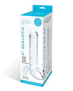 Glas 8" Realistic Ribbed Glass G-Spot Dildo With Balls - Clear