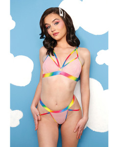 Vibes Make It Rain Caged Bralette & Panty With Booty Rainbow M/L