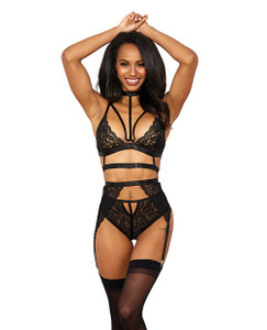 Stretch Lace With Satin Elastic Bra, Garter Belt & G-String Panty Black Xxl