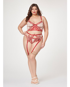 Sheer Stretch Mesh With Floral Contrast Embroidery Bustier, Garter Belt & Thong Red/Nude 3X/4X