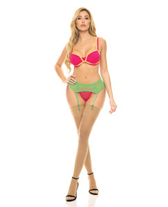 Pink Lipstick Come To Me Bra, Garter Belt & G-String Neon M/L