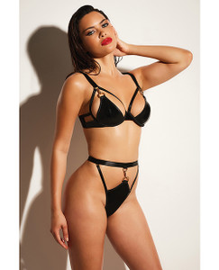 Fetish Excitement Unlined Underwire Vinyl Bra & Panty With D-Ring & Metal Clasp Black Sm
