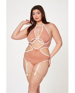 Mesh Cut Out Halter Teddy Nude/White Qn Mesh Cut Out Halter Teddy Nude/White Qn