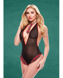 Teacher'S Pet Schoolgirl See Thru Crotchless Teddy With Tie Black/Red S/M