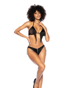 Fringe Halter Top & Open Back Bottom With Front Zipper Black L/Xl