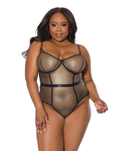 Holiday Metallic Fishnet Teddy With Underwire Cups Black/Gold 1X/2X