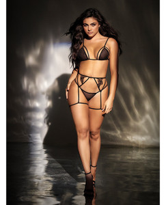 Mesh Top With Adjustable Coverage, Garter Belt & Thong Black S/M