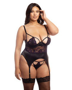 Demi Padded Shelf Cup Merrywidow With Overlay Lace & Panty Black/Heliotrope 1X