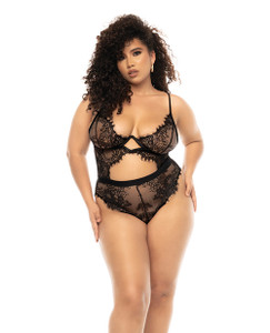 Floral Lace & Mesh Underwire Teddy With Keyhole Details Black 3X/4X