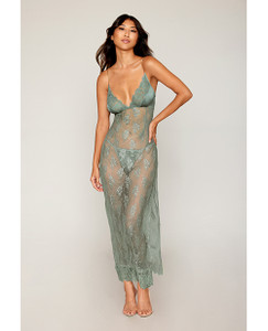 Eyelash Lace & Satin Long Chemise With G-String - Sage Green XL