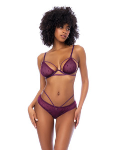 Dot Mesh Underwire Top With Open Back Panty - Wine S/M