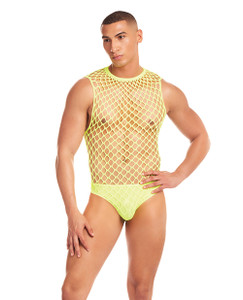 Rainbow Party Full Effect Large Mesh Unitard 2 pc Set With Thong - Yellow L/XL