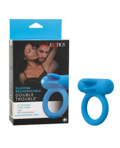 Couple's Enhancer Silicone Rechargeable Double Trouble Enhancer With Flickering Dual Teasers - Blue