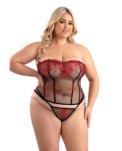 Floral Embroidered Mesh Corset With G-String - Red/Black 1X/2X
